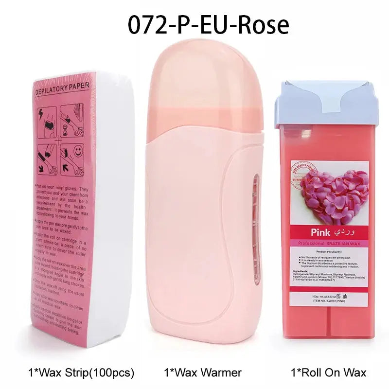 Simples Market 3-piece waxing kit: pink wax warmer, 100 wax strips, and pink roll-on wax