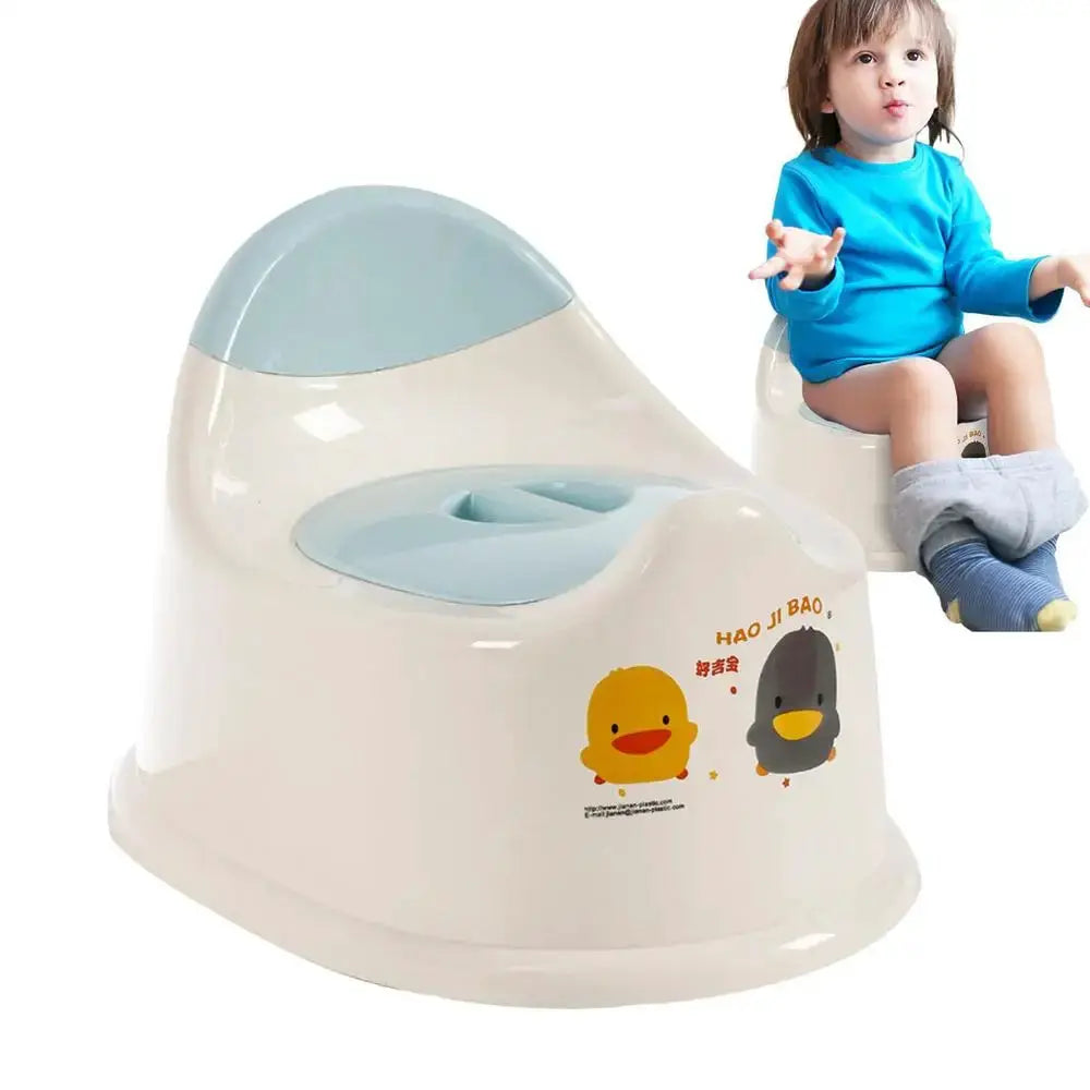 Toddler potty chair with white base and light blue backrest; spill-proof, easy-clean design with duck decals