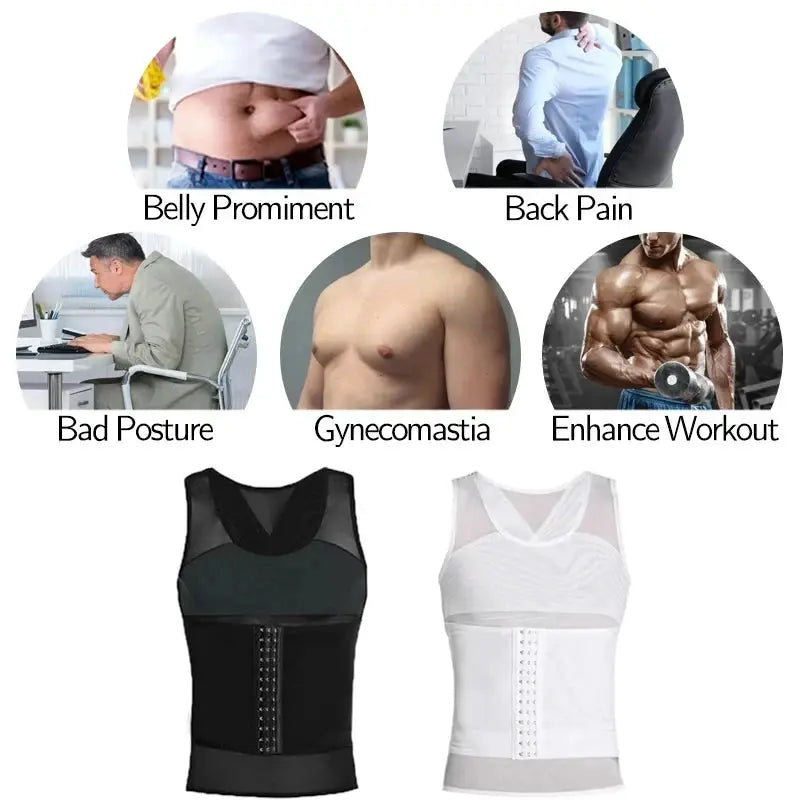 Simples Market men's body shaper compression vest, black and white waist trainer tops with front hook closures (2 pcs)