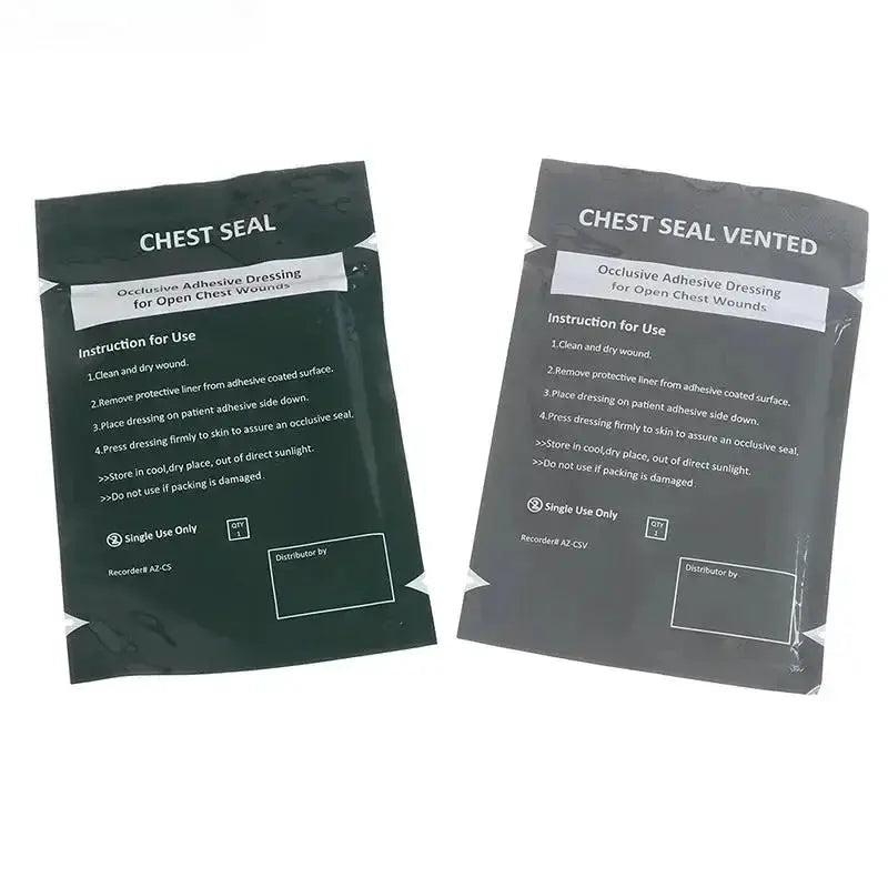 Two Chest Seal wound care packs by Simples Market; green chest seal and vented gray chest seal.