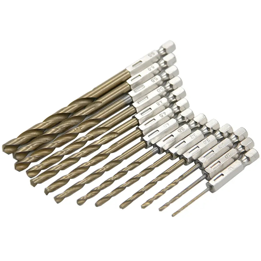 13-Piece Titanium Plated Twist Drill Bit Set With Hexagonal Handle 1.5-6.5mm For Wood Plastic Aluminum Iron