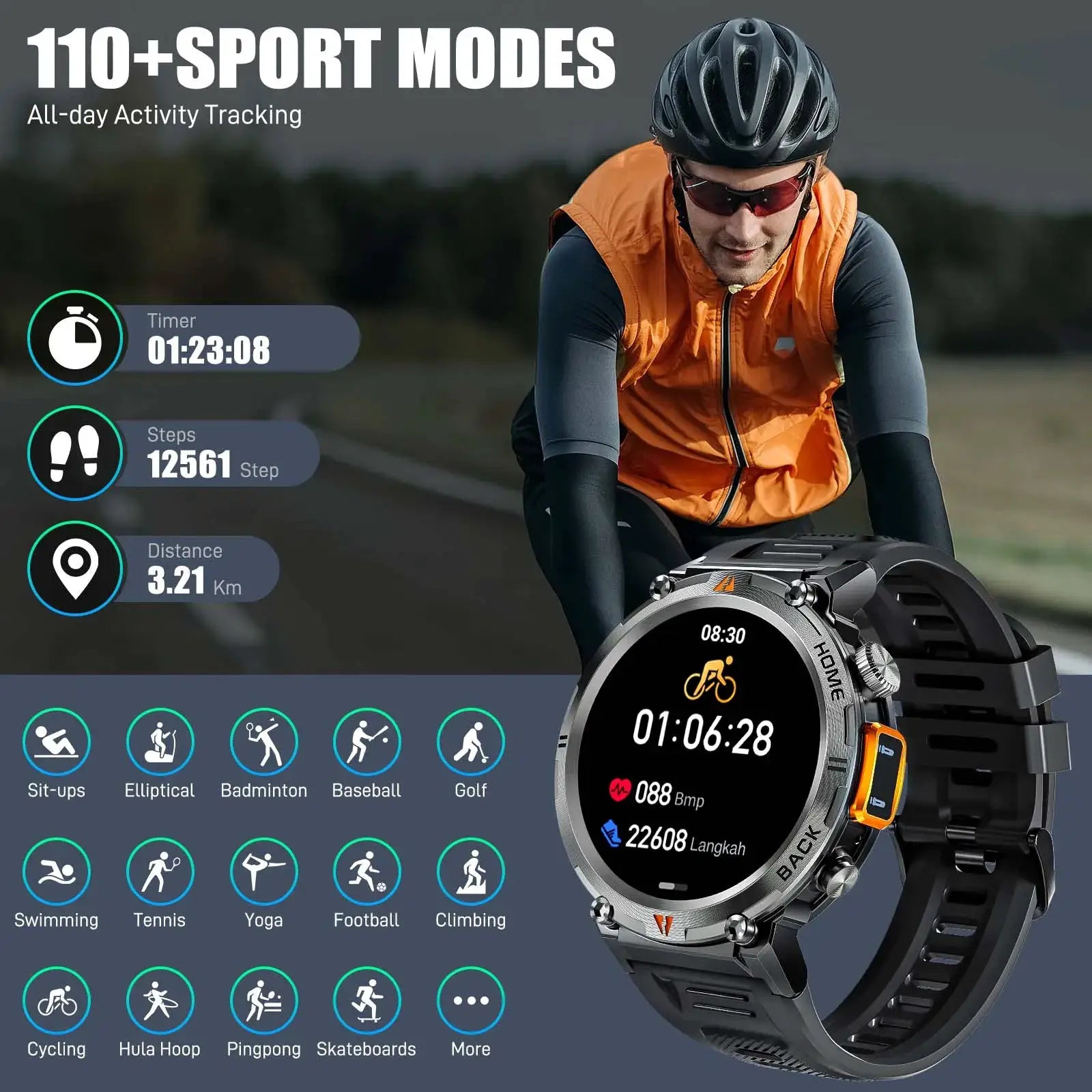 Smartwatch EIGIIS KE3 by Simples Market, black round-face Bluetooth call watch with health monitor
