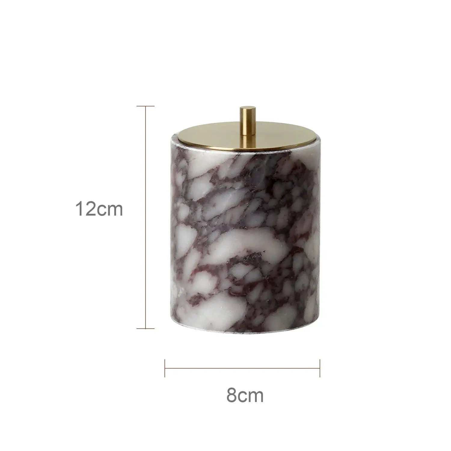Calacatta Viola marble bathroom jar with gold lid, violet-veined natural stone accessory
