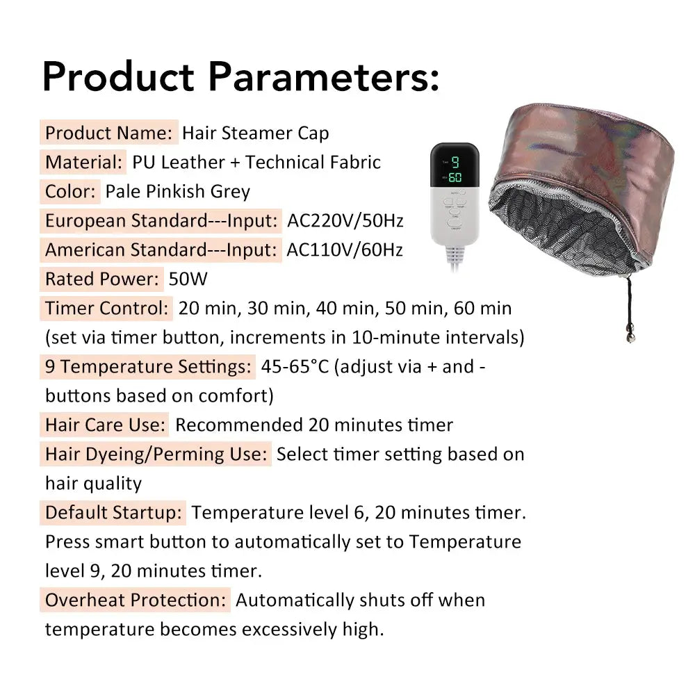 Hair steamer cap, pale pinkish grey, PU leather with technical fabric, waterproof electric heating cap with 10 heat levels