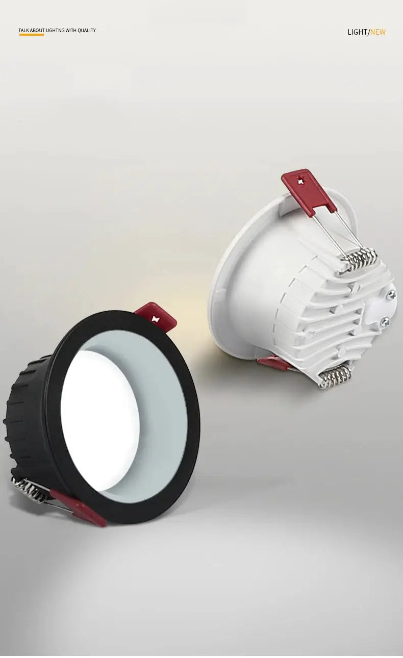 Round anti-glare LED recessed downlight pair, black bezel with white diffuser and white housing with red spring clips