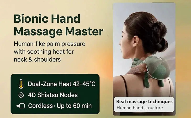 Bionic neck and shoulder massager shawl in green with 4D Shiatsu nodes and dual-zone heat