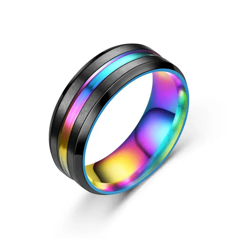 8mm Black Titanium Ring For Men And Unisex Simple Stainless Steel Rainbow Groove Jewelry Gift