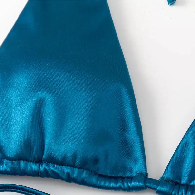 Halter metallic satin bikini top, teal blue, Simples Market