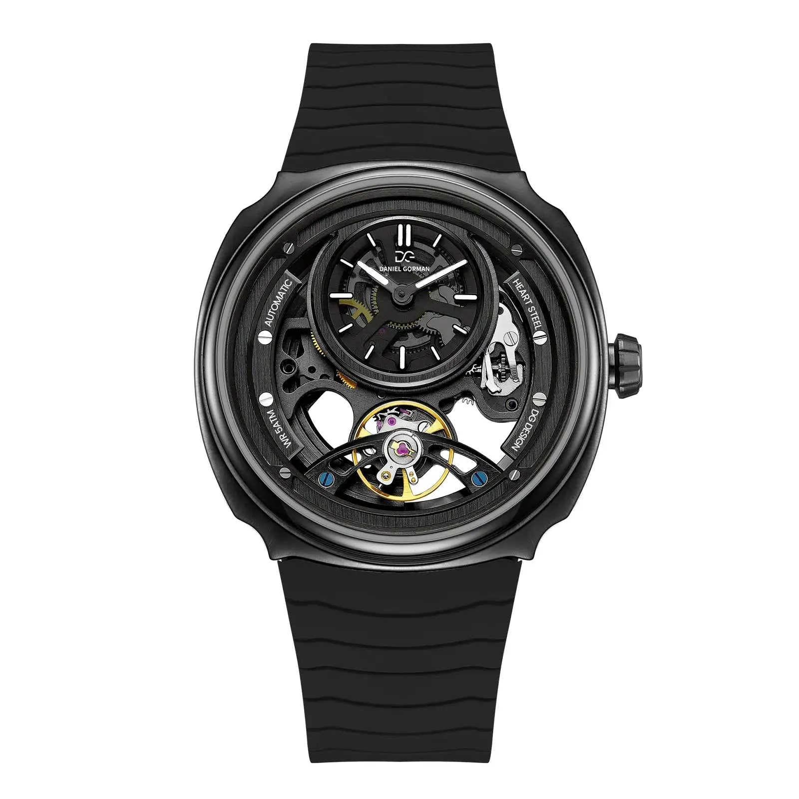 Daniel Gorman men's automatic skeleton watch with black silicone strap and exposed gears.