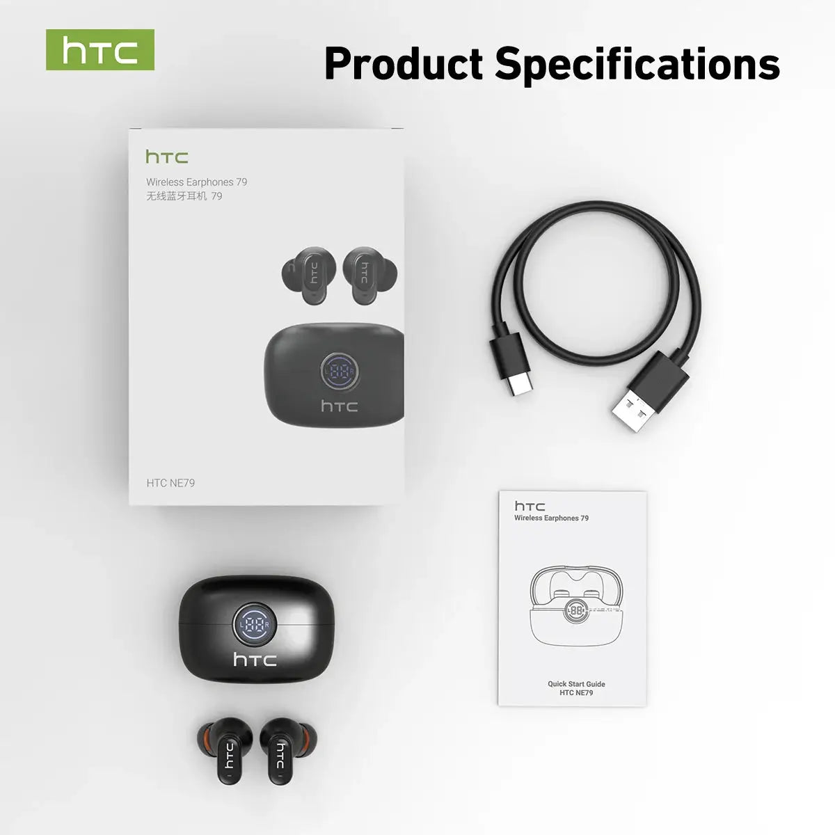 HTC NE79 TWS earbuds with black charging case and blue LED display