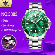 OLEVS 5885 men's stainless steel green quartz watch with date, luminous dial, 30m water resistance