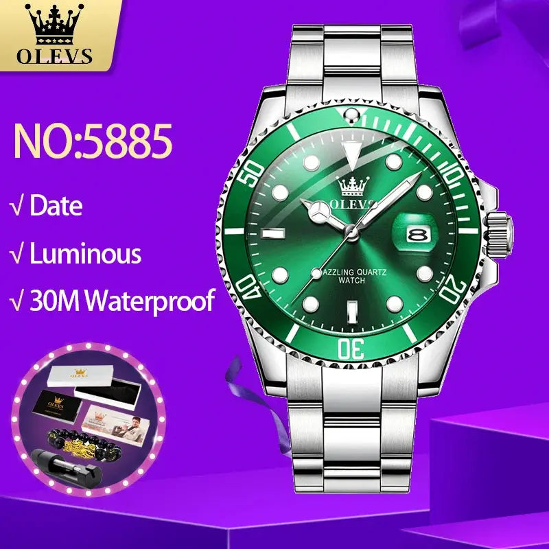 OLEVS 5885 men's stainless steel green quartz watch with date, luminous dial, 30m water resistance