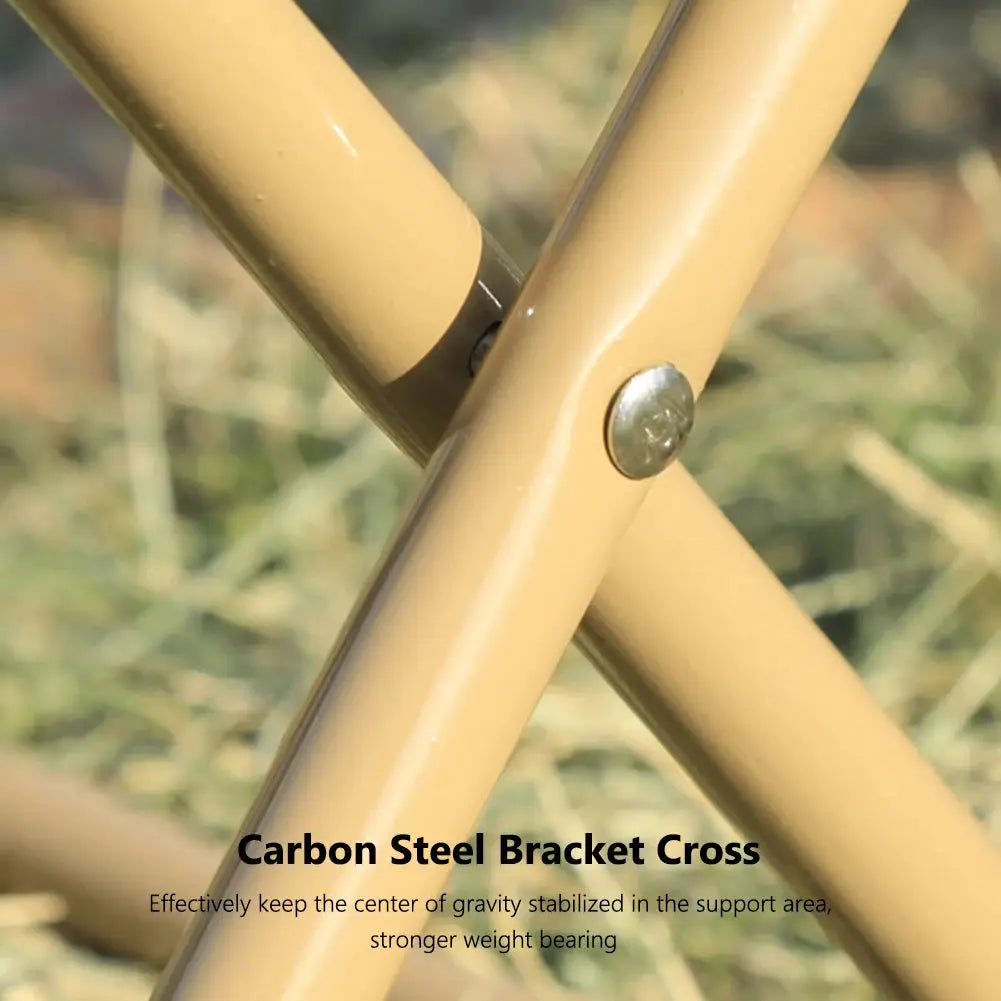 Folding stool frame in tan with carbon steel cross-brace and bolt joint for outdoor use