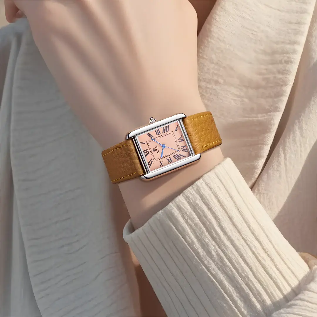 OGEDA Waterproof Couple Watches with tan leather strap and square stainless steel case, rose dial