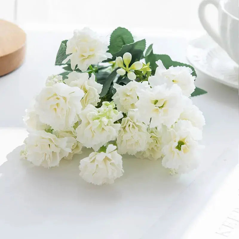 Artificial white carnation bouquet with green leaves and 15 heads for wedding arch decor