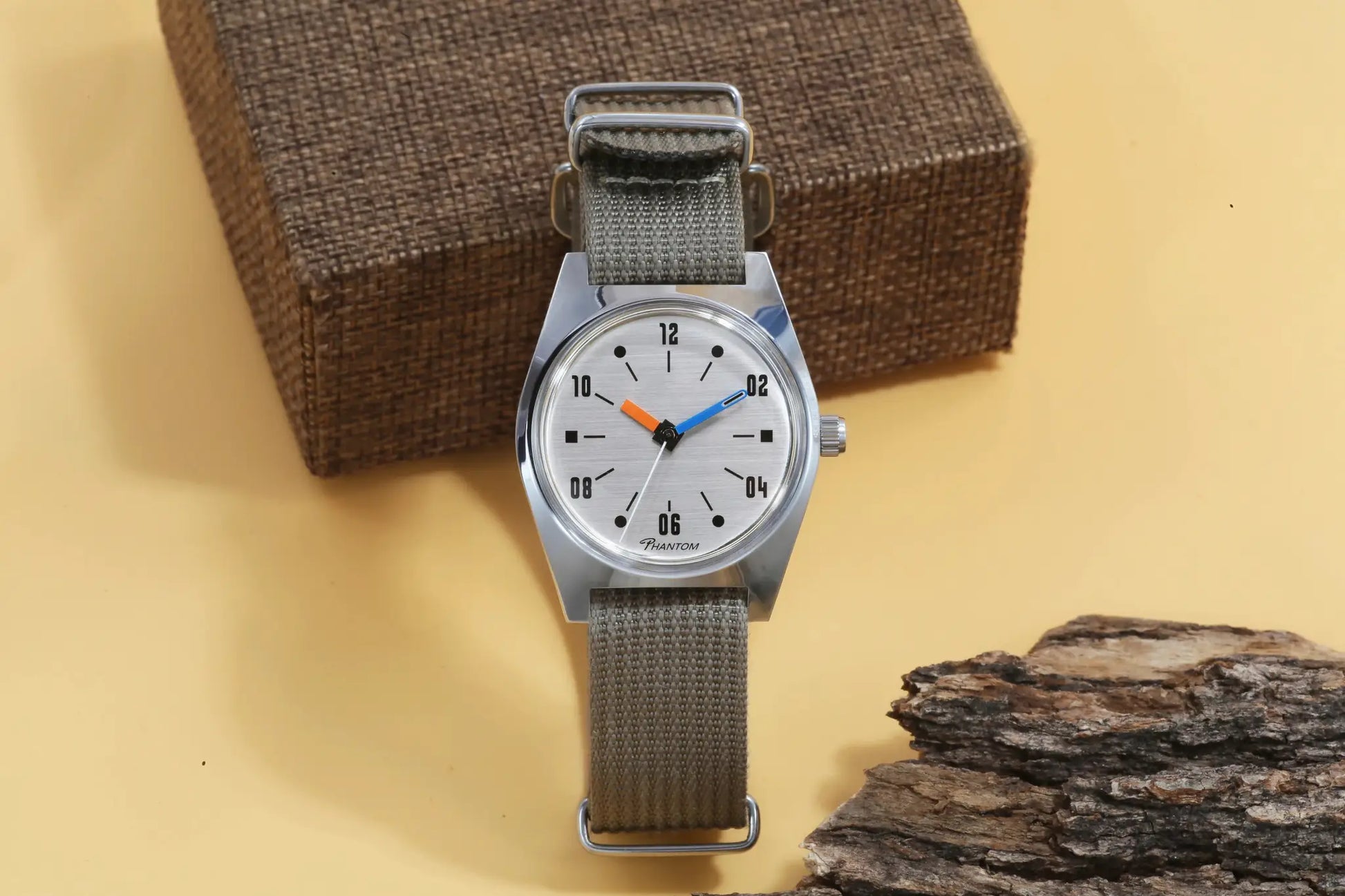 7120 hand-wind mechanical watch for men, 36mm, gray fabric strap, orange and blue hands
