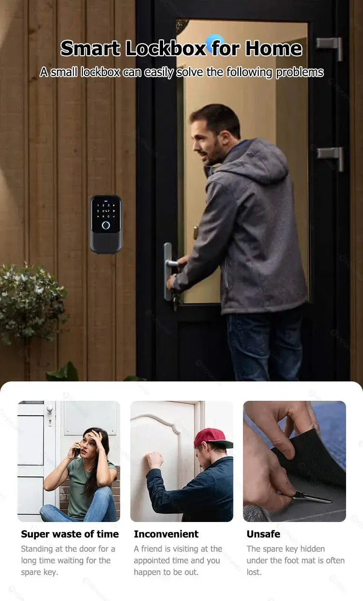 YRHAND TTlock smart door lock with keypad, black finish, mounted on an exterior wooden door