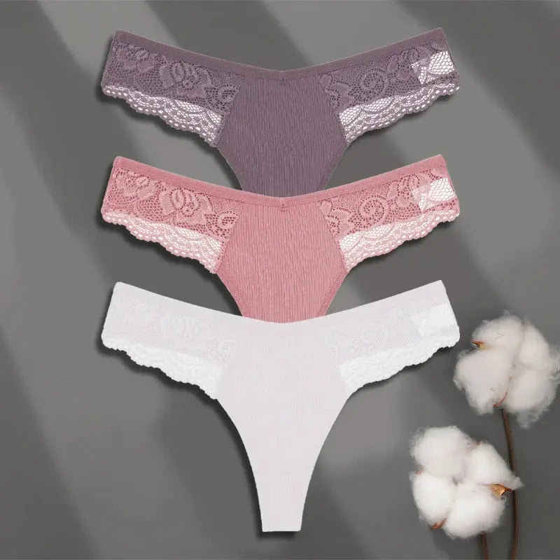 FINETOO 3-pack cotton lace thong underwear set in purple, pink, white, low-rise