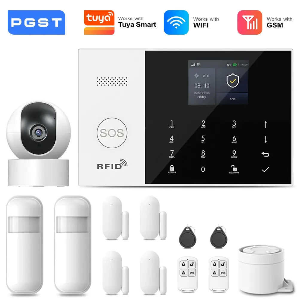 Alarm system kit PGST with WiFi 2G GSM, Tuya compatibility; includes camera, door sensor, PIRs, keypad, remotes