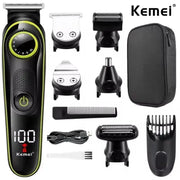 Hair clipper KM-696 by Kemei in black and lime with 5-in-1 attachments, USB cable, and case