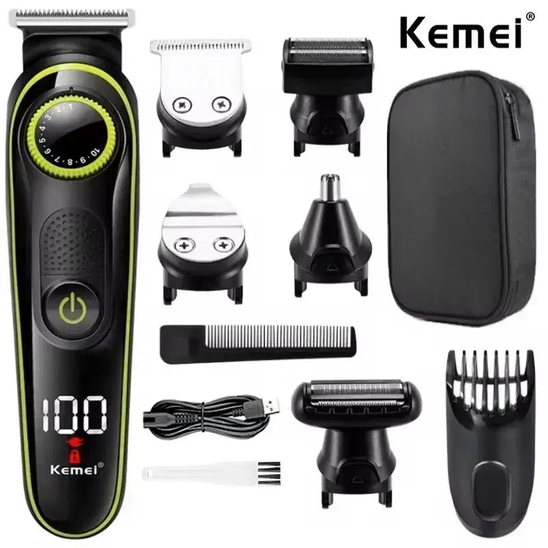 Hair clipper KM-696 by Kemei in black and lime with 5-in-1 attachments, USB cable, and case