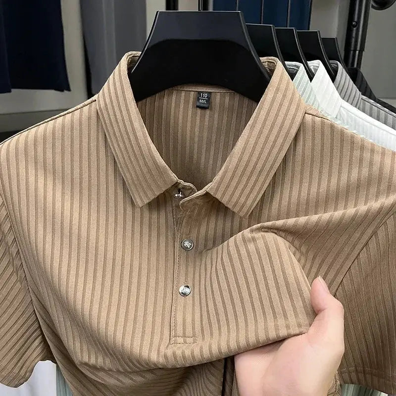 Beige striped men's polo shirt with collar and short sleeves, 2-button placket, breathable fabric.