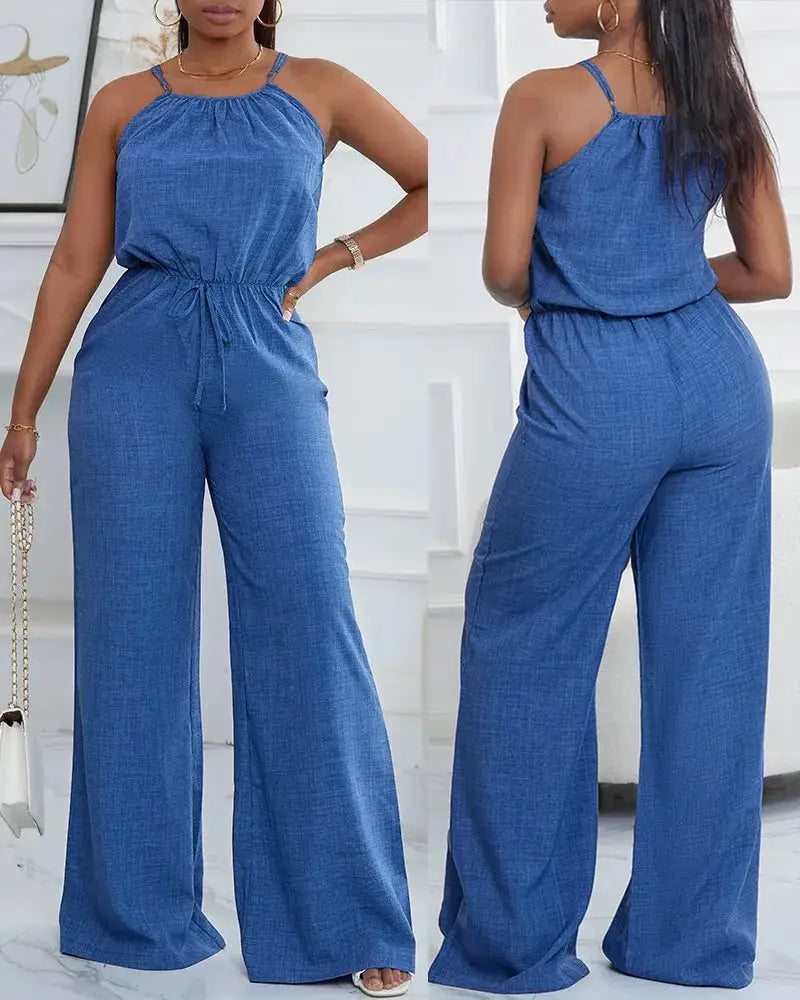 Women's blue sleeveless jumpsuit with suspender straps, drawstring waist and pockets by Simples Market