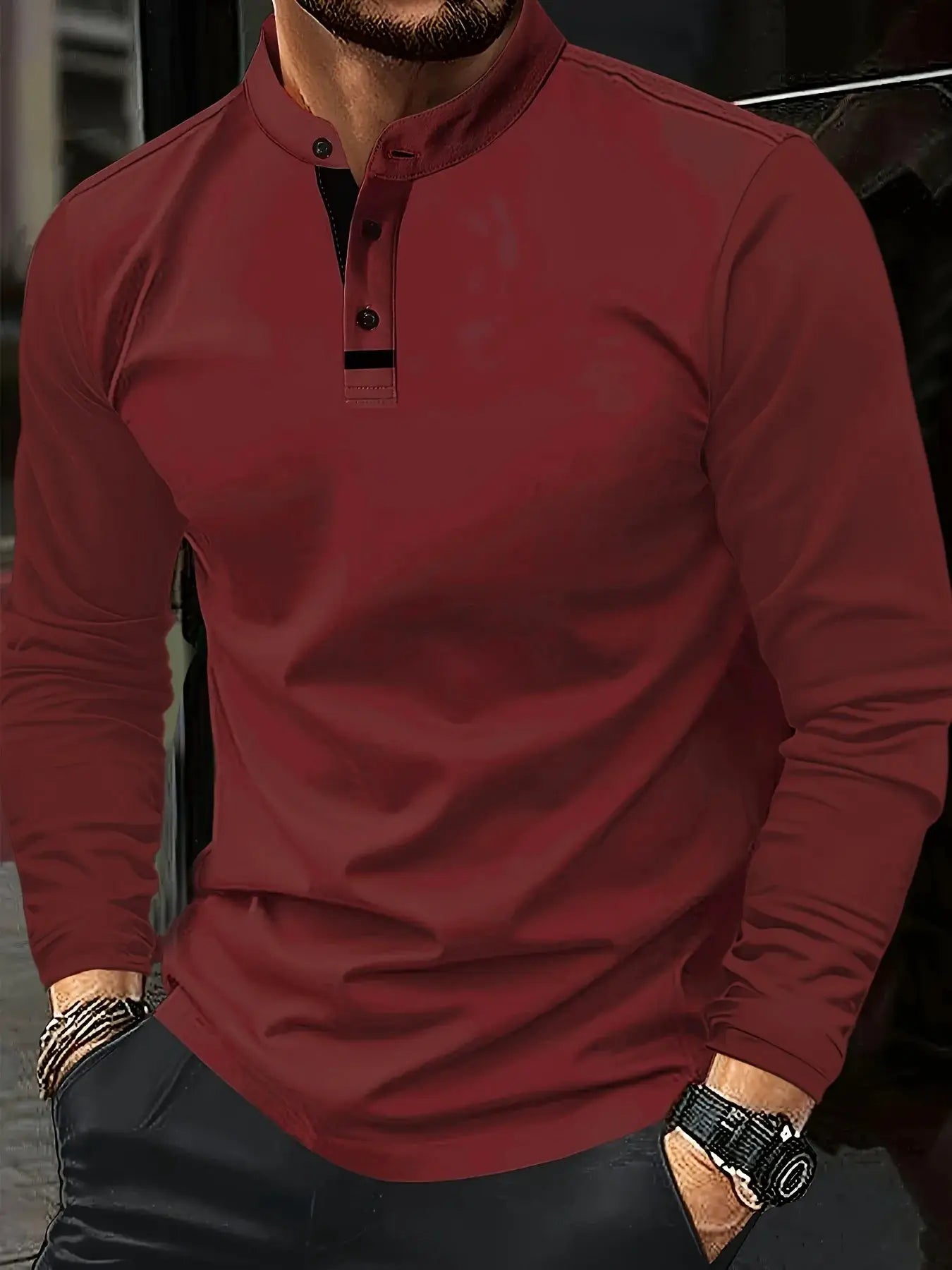 Men's burgundy long-sleeve polo shirt with stand collar and two-button placket by Simples Market