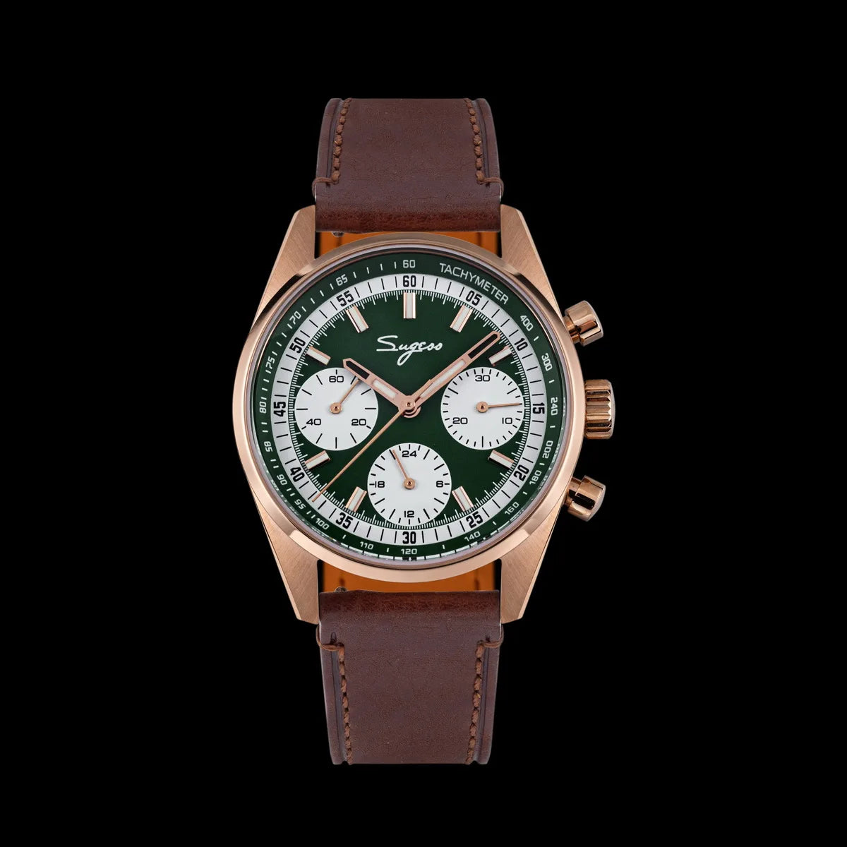 Sugess men's chronograph watch, 38mm, rose-gold case with green dial and white subdials, brown leather strap