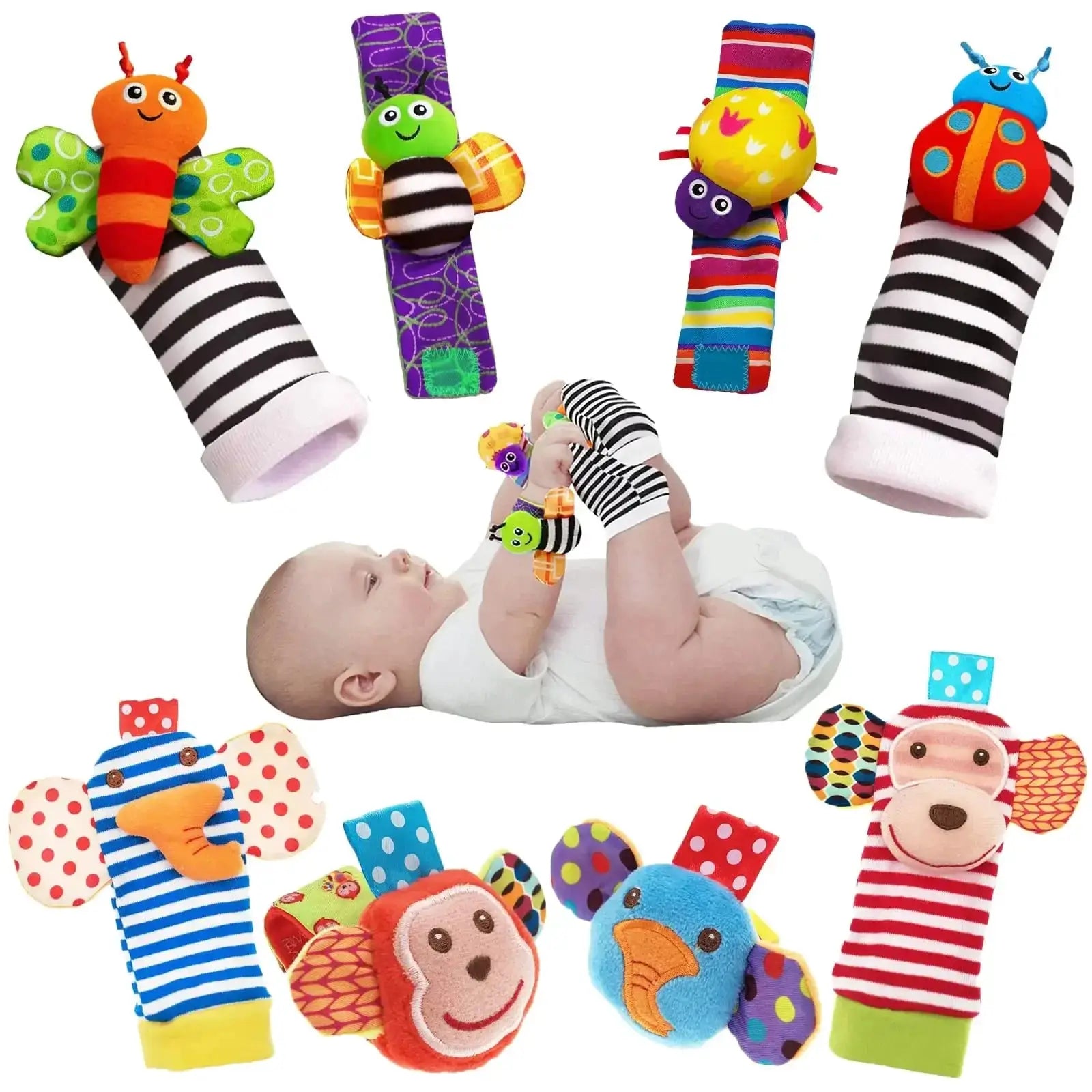 4 Piece Baby Rattle Toys Set Cute Stuffed Animals Wrist Rattles Foot Finder Socks 0 To 24 Months Gift For Infant