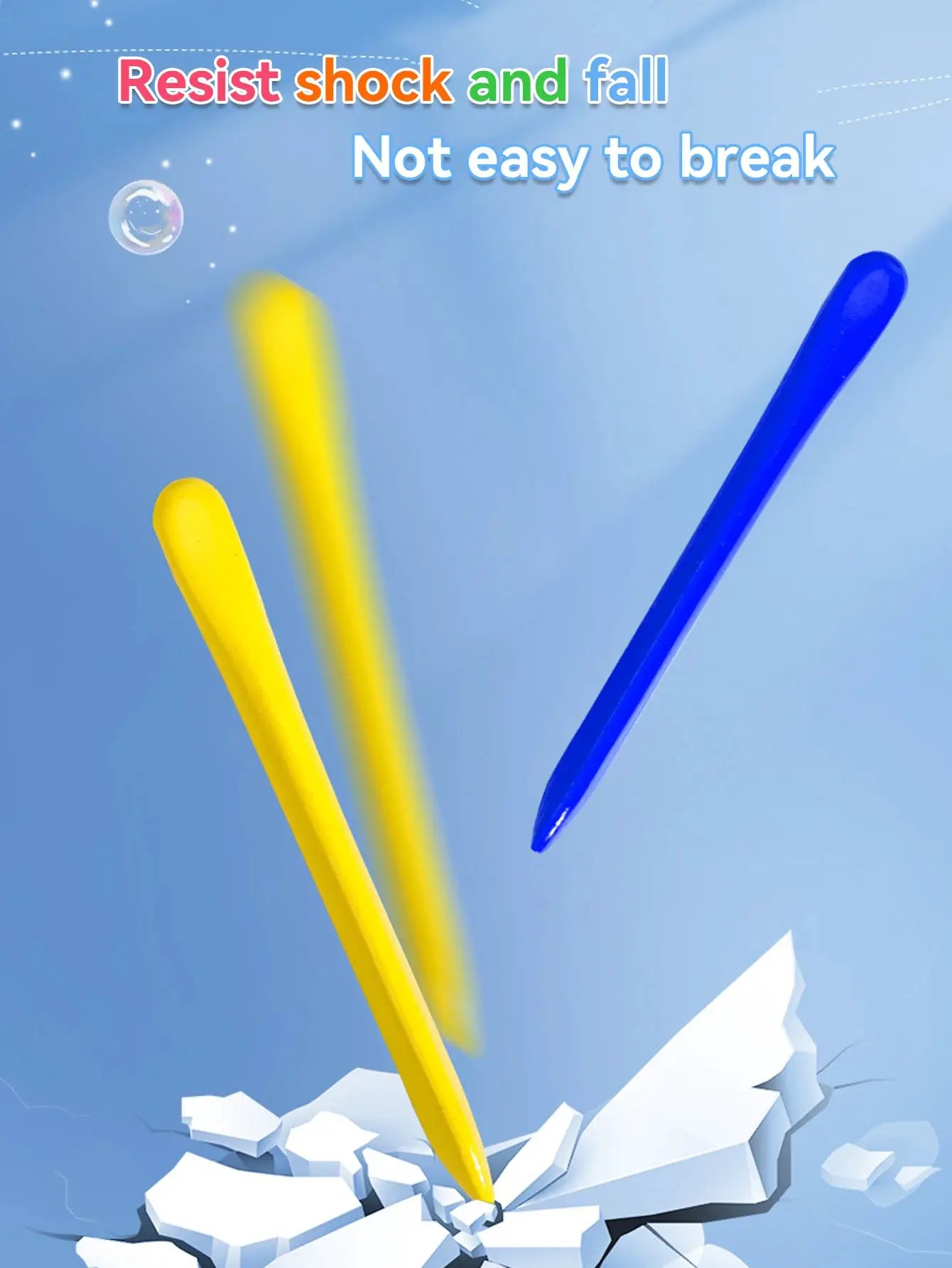 Three double-ended triangle crayons in yellow and blue on a blue background
