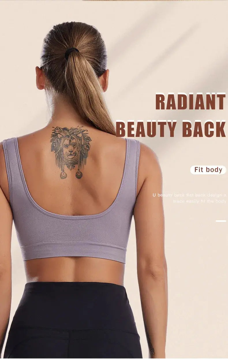 Plus-size lavender seamless wireless sports bra back view with wide straps.