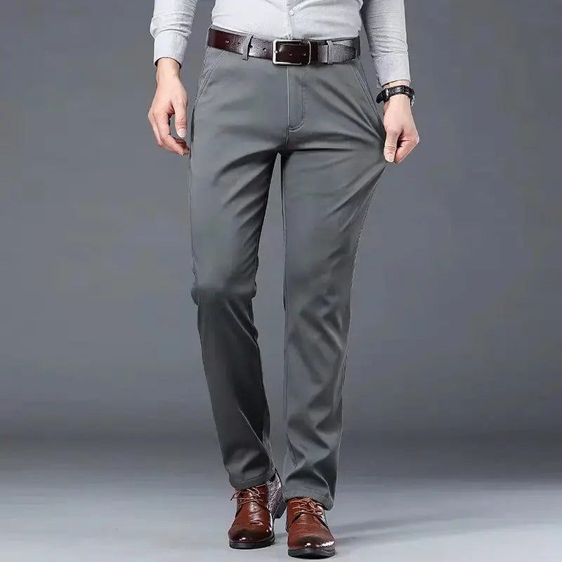 Men's gray straight-leg stretch business casual pants, size 28-40.
