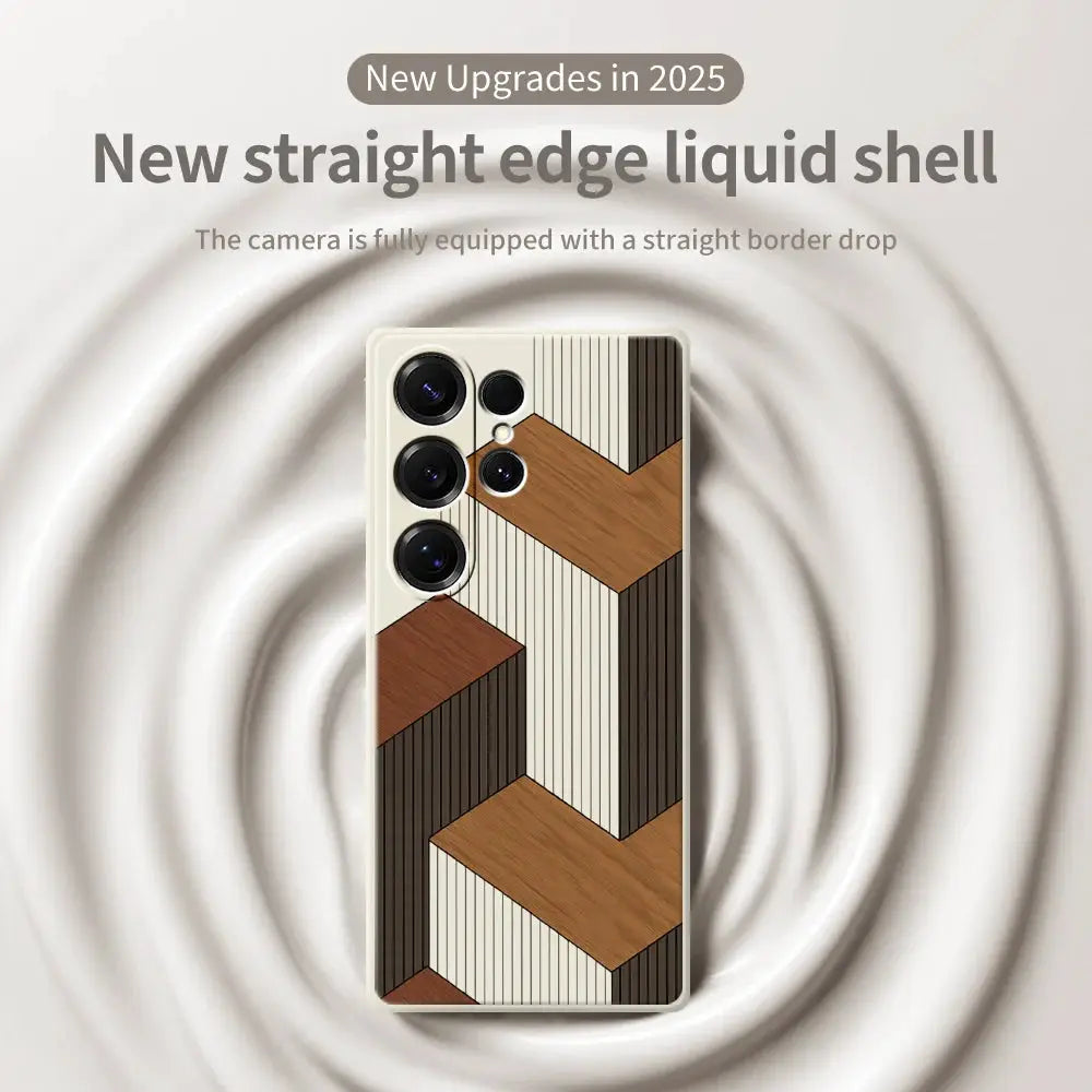 Geometric style wooden-pattern phone case for Samsung Galaxy S26 Ultra and S26 Plus by Simples Market, beige and brown chevrons