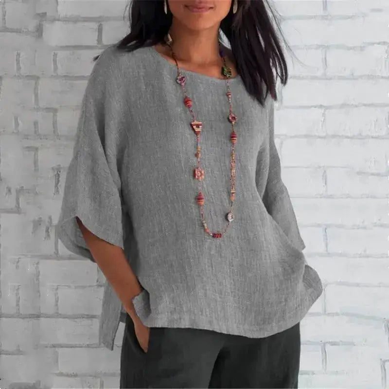 Cotton Blouse Shirt O Neck Three Quarter Sleeves Casual Top Women