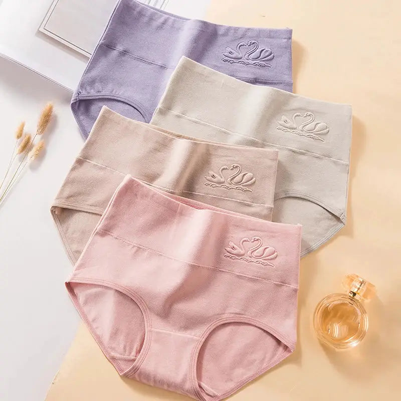 4-pack high-waist breathable cotton body-shaper panties by Simples Market with embossed swan logo.