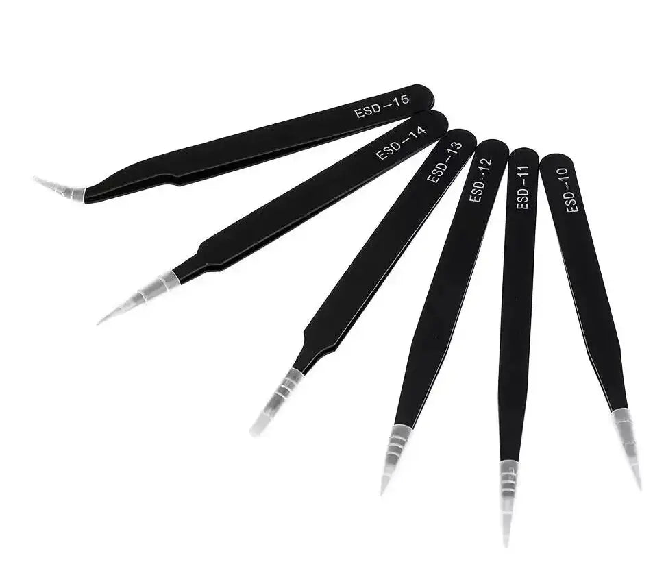 Antistatic Stainless Steel Tweezers 6 Piece Set for Precision Electronics Repair and Model Making Curved Tips