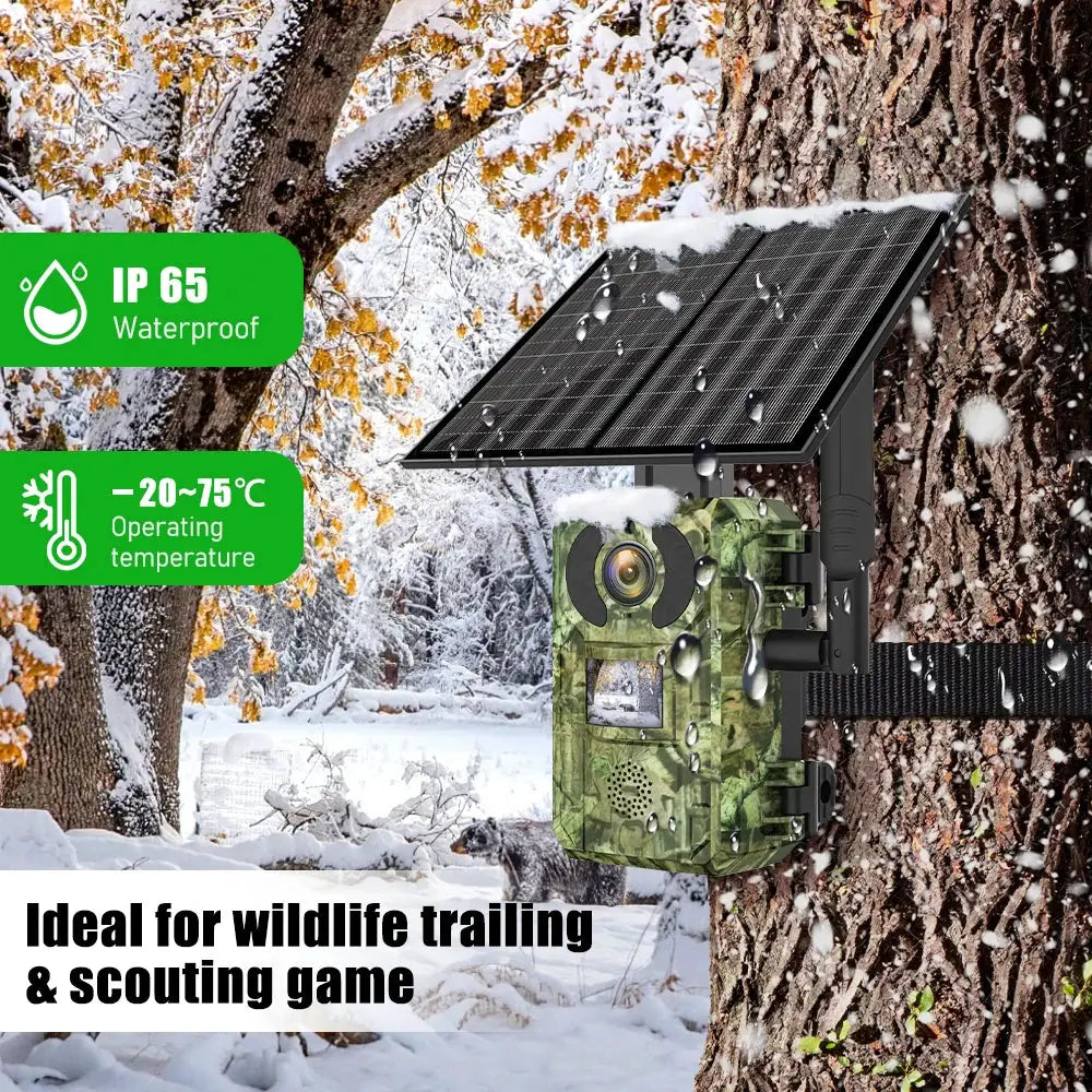 Trail camera by Simples Market with solar panel, 4G, 2K video, IP65 waterproof, motion-activated, no red exposure