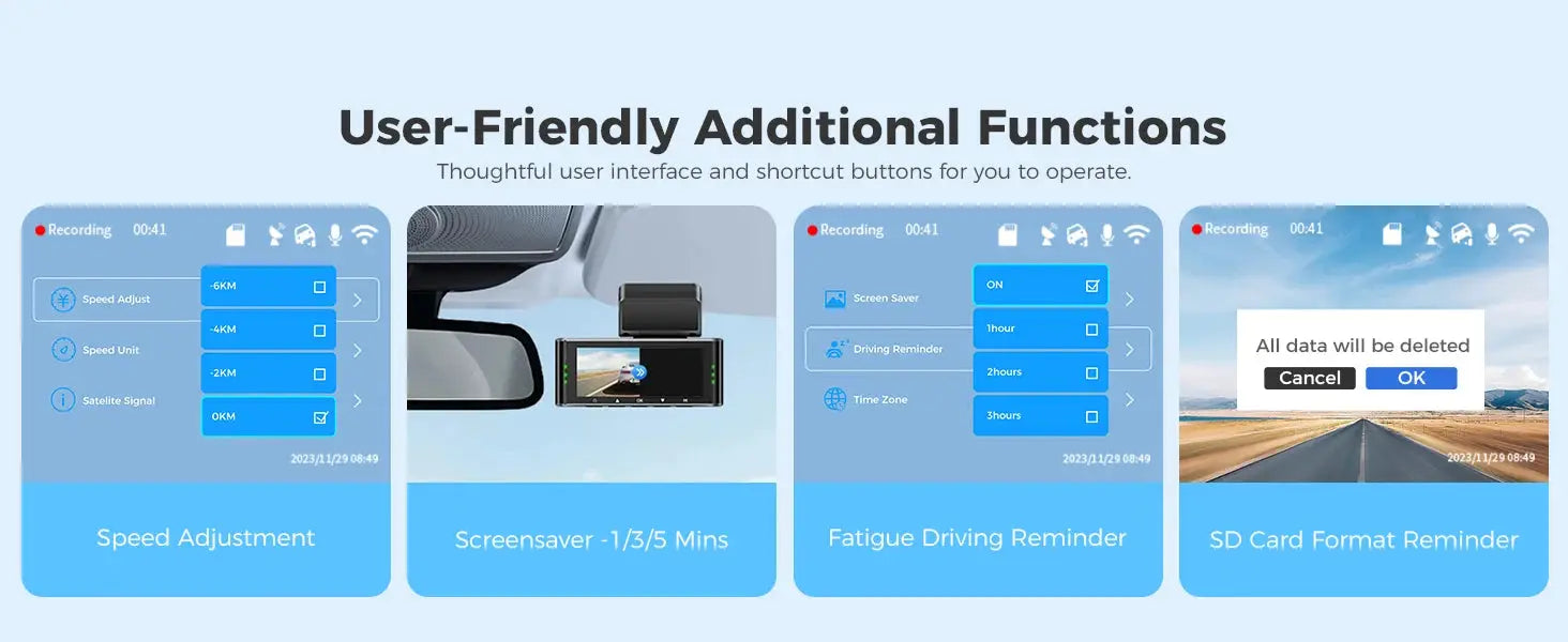 AZDOME M550 Pro dash cam by Simples Market; speed adjust, screensaver timers, fatigue reminder, SD card format reminder