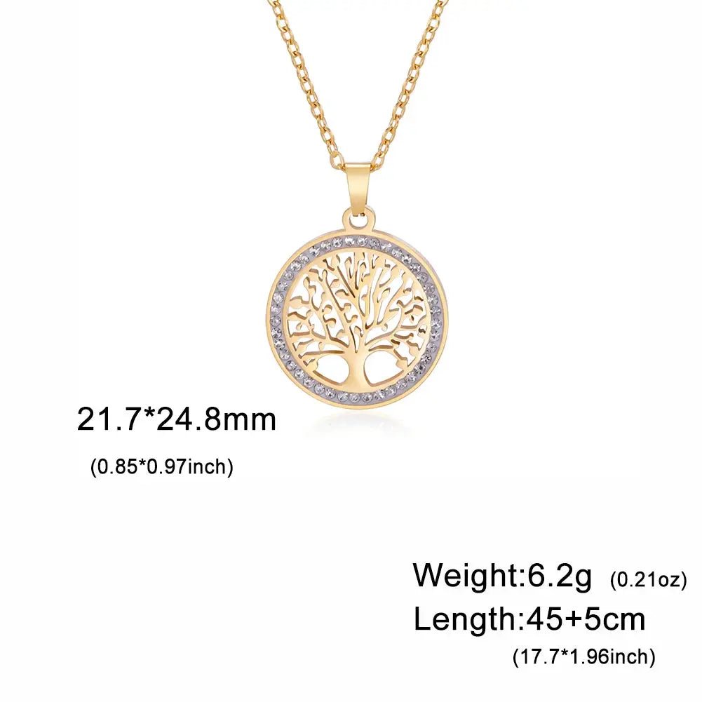 Skyrim Tree Of Life Necklace For Women Stainless Steel Gold Color Clear Zircon Round Pendant Luxury Wedding Gift - Simples Market