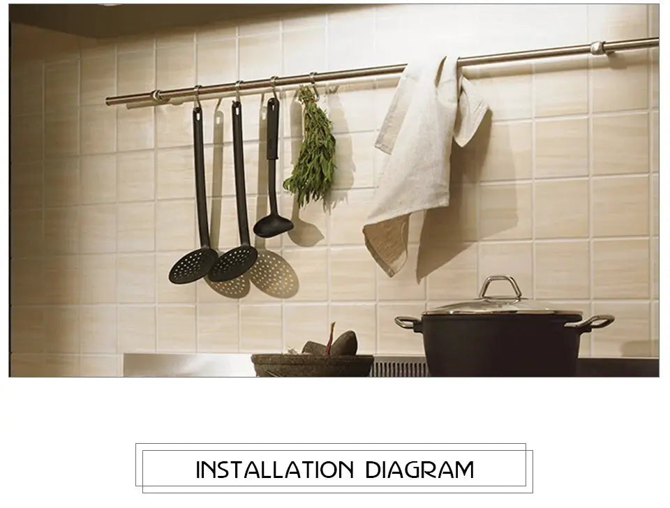 Motion-sensor under-cabinet LED light strip by Simples Market, installation diagram for kitchen cupboards.
