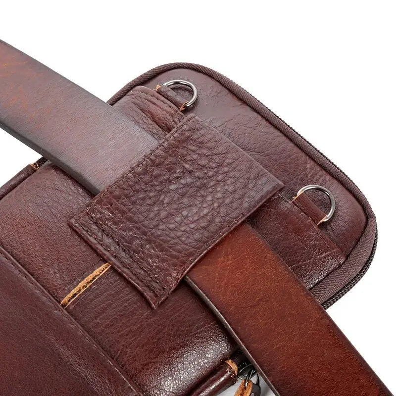 Men's leather waist pack bag, brown genuine leather with strap and metal D-rings, Simples Market