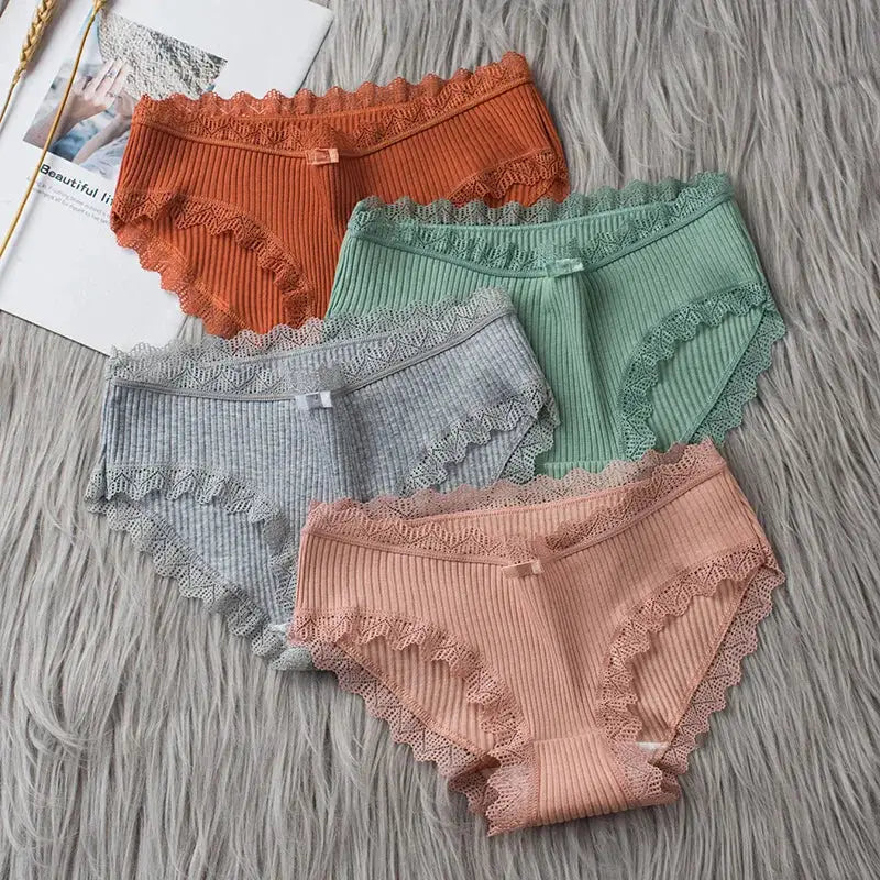 4-pack lace wavy-trim bikini panties by Simples Market in orange, sage green, gray, peach.