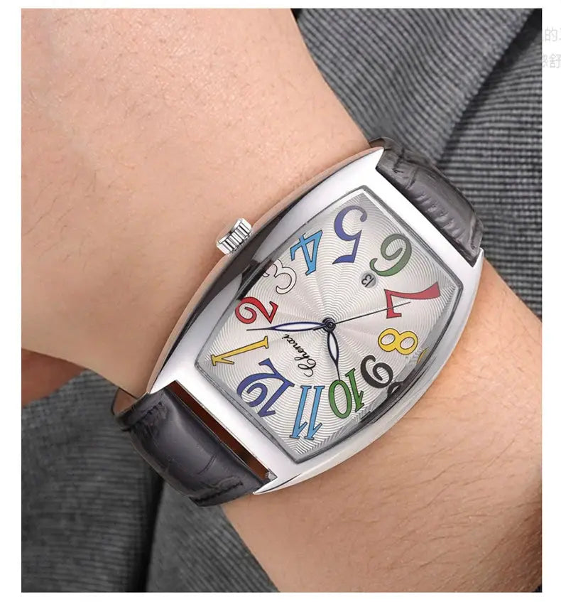 CHENXI men's quartz watch with curved glass, black leather strap, and multicolored numeric dial