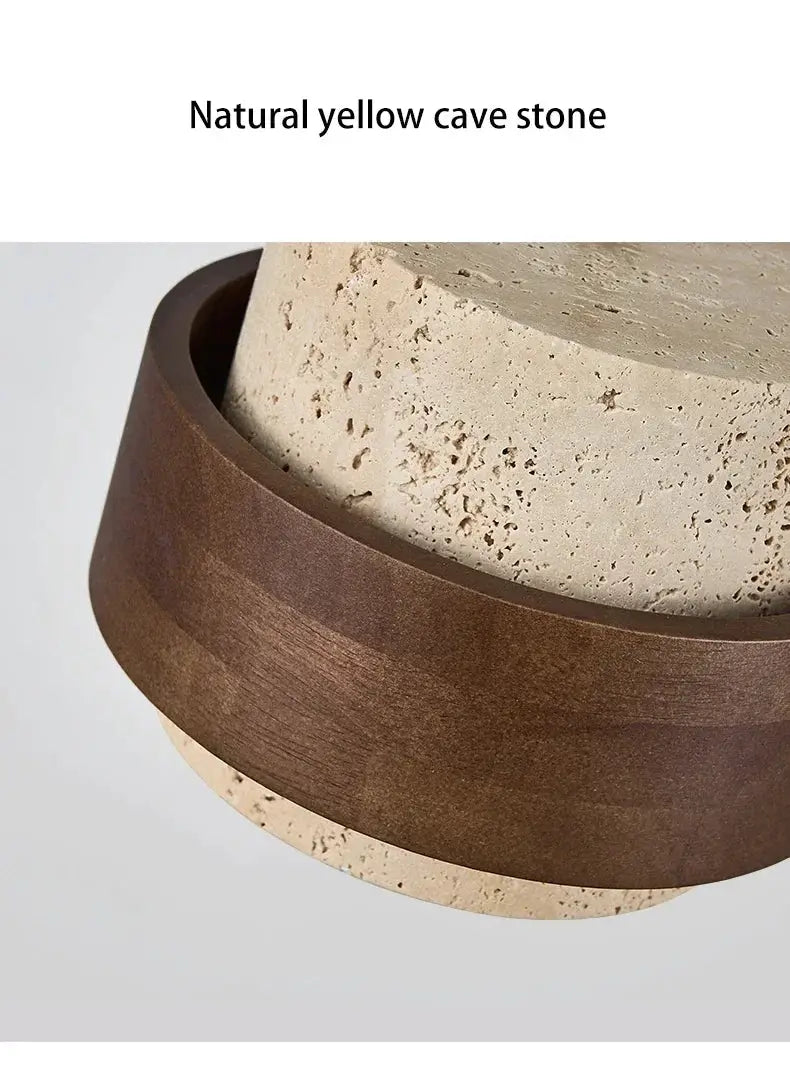 Led pendant lamp with natural yellow cave stone and walnut wood ring, retro hanging lighting fixture.