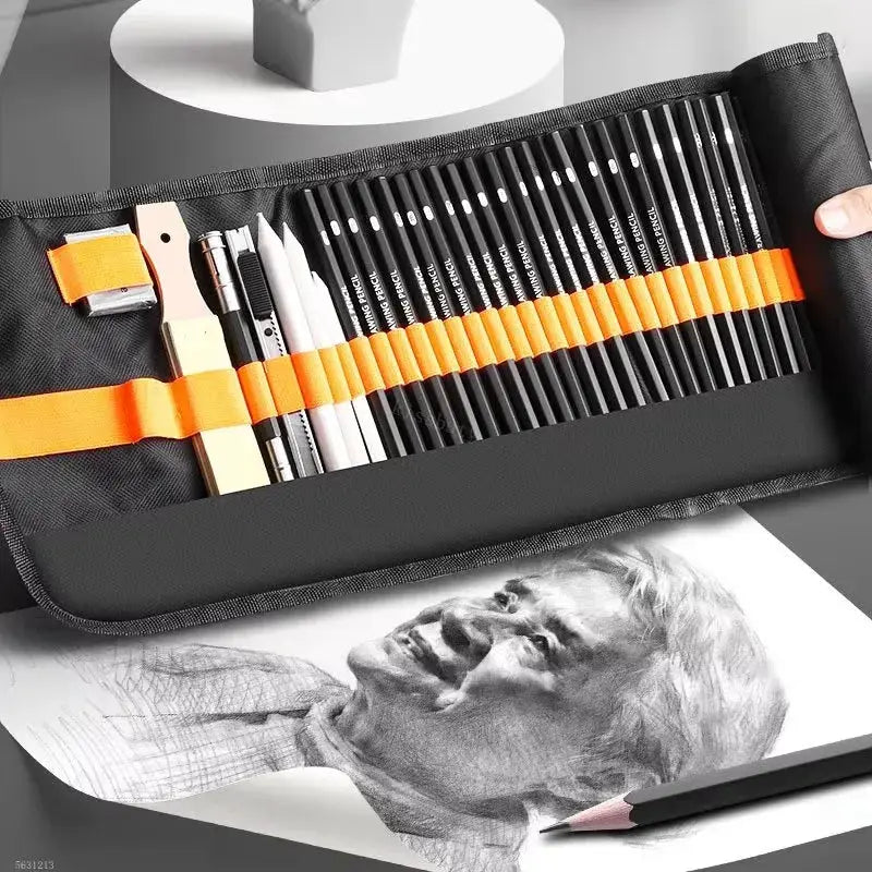 Simples Market 27/38/48-piece sketching pen set in a roll-up case with orange elastic bands