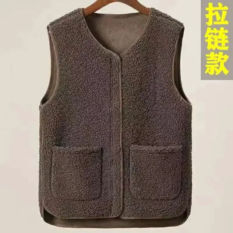 Men's lamb fleece sleeveless vest in brown with zip front and two patch pockets