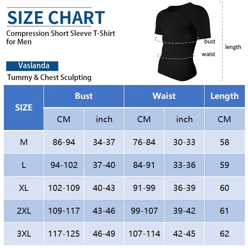 Men's slimming compression shirt V-neck undershirt with chest and tummy shaping; size chart (Vaslanda)