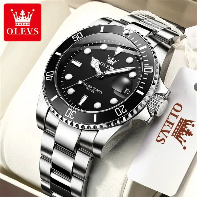 OLEVS men's diving wristwatch with stainless steel band, black dial, rotating bezel