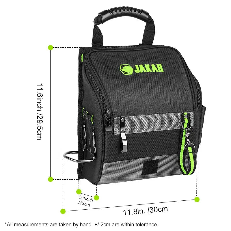 JAKAH tool pouch for electricians; black with green accents, multi-pocket design.
